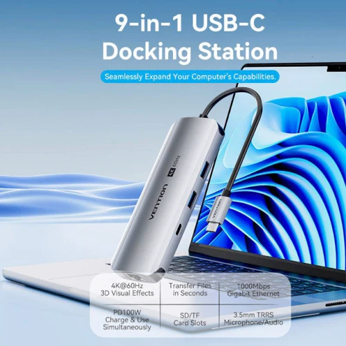 Адаптер Vention Adapter USB-C to RJ45+2xUSB3.0+SD/TF+USB-C+HDMI+3.5mm+PD 100W (TQMHB): Колір серебристый