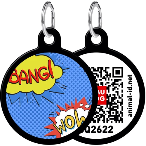 Адресник WAUDOG Smart ID с QR-паспортом, рисунок "ВАУ", круг, 30 мм, черный (0630-0087-01)