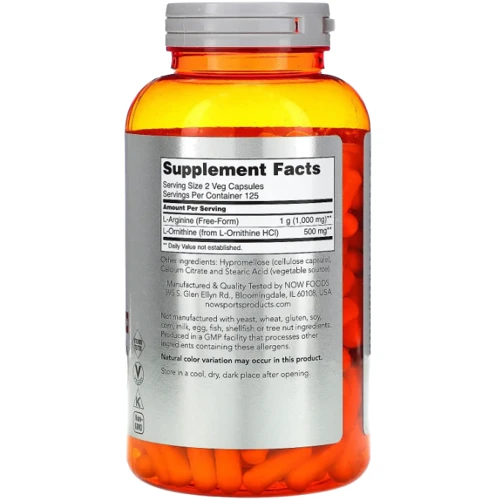 Now Foods Arginine Ornithine Аргінін Орнітін 500 мг/250 мг 250 капсул