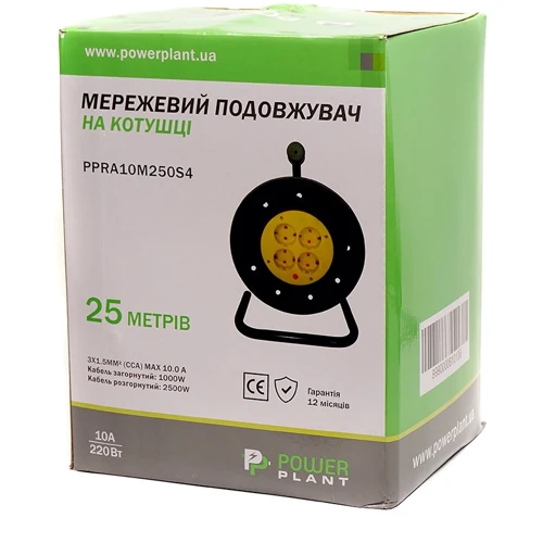 Подовжувач PowerPlant 25м 3x1.5мм 4 розетки (JY-2002/25): Номінальний струм, А 10