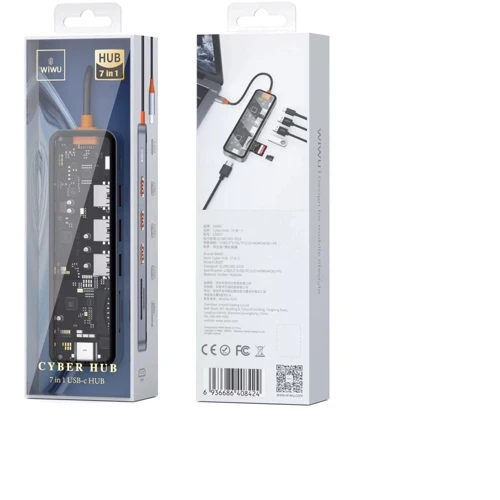 Адаптер WIWU Adapter Cyber 7in1 USB-C to 3xUSB3.0+HDMI+USB-C+SD Space Gray: Інтерфейс підключення USB-C