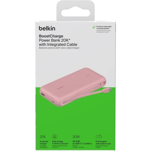 Зовнішній акумулятор Belkin Power Bank 20000mAh Integrated Cable USB-C 30W Pink (BPB024HQPK)