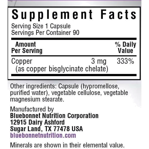 Bluebonnet Chelated сopper Хелатная медь 90 вегкапсул: Тип Медь