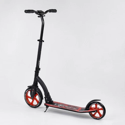 Самокат двоколісний Best Scooter з PU колесами, амортизатором, широким кермом, затискачем для керма Black / Red (100068): Матеріал коліс поліуретан