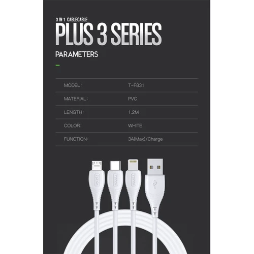Кабель T-PHOX USB Cable to Lightning/microUSB/USB-C 3A 1.2m White (T-F831 White) фото 10