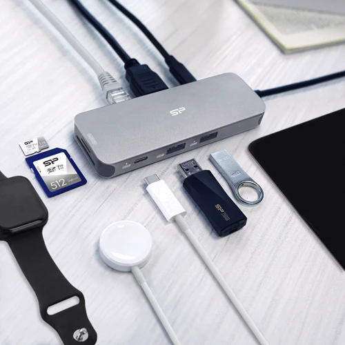 Адаптер Silicon Power Adapter SR30 USB-C to 2xUSB3.2+USB-C+HDMI+RJ45+PD 100W Aluminum Silver (SPU3C08DOCSR300G): Интерфейс подключения USB-C