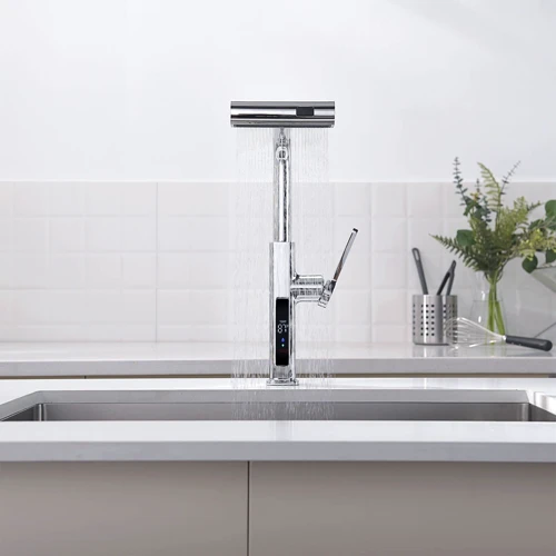 Смеситель для кухни Lefton Waterfall & Pull-Out Kitchen Faucet with Temperature Display-KF2209 Chrome фото 10