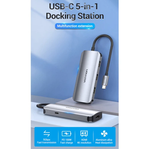 Адаптер Vention Adapter USB-C to HDMI+3xUSB3.0+PD 100W (TODHB): Цвет серебристый