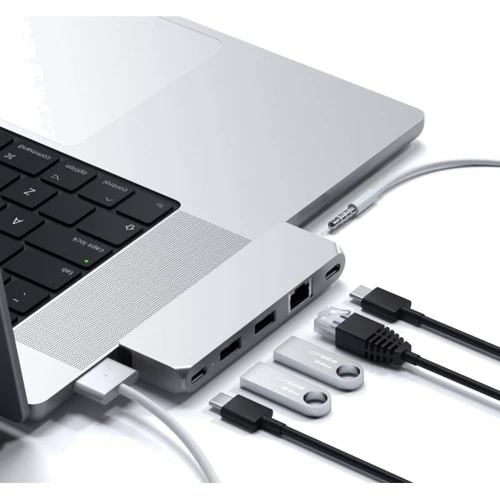 Адаптер Satechi Adapter Mini Dual USB-C to 2xUSB3.0+2xUSB-C+RJ45+3.5mm Silver (ST-UCPHMIS): Колір сріблястий