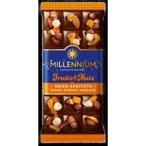 Шоколад Millennium Fruits&Nuts молочный с миндалём, фундуком, курагой, изюмом 140 г (4820075508043)