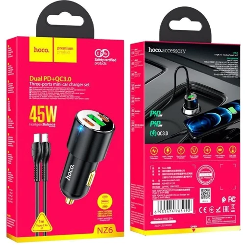 Зарядное устройство Hoco Car Charger 2xUSB-C+USB N26 45W with USB-C to Lightning Cable Black (6931474765192): Сила тока 2.4А и более