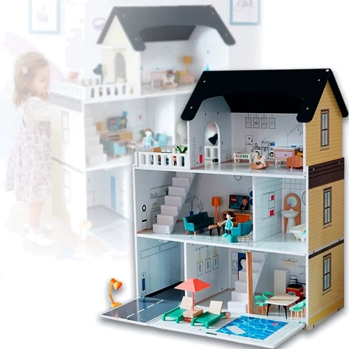 Деревянный трехэтажный кукольный домик с мебелью и фигурками (TX0091)
