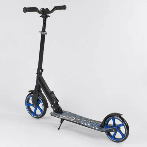 Самокат детский Best Scooter с PU колесами, зажимом руля и 1 амортизатором Black/Blue (88915): Конструкция рамы складная