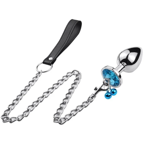 Анальная пробка с кристаллом, колокольчиком и поводком Silver Blue (размер M)