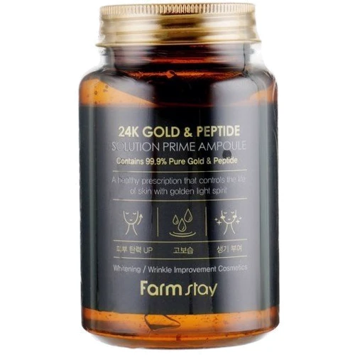 FarmStay 24K Gold & Peptide Solution Prime Ampoule Пептидна сироватка для обличчя з біозолотом 250 ml: Призначення Питание, Увлажнение