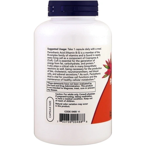 NOW Foods PANTOTHENIC ACID 500 mg 100 CAPS Пантотеновая кислота: Тип Витамин B