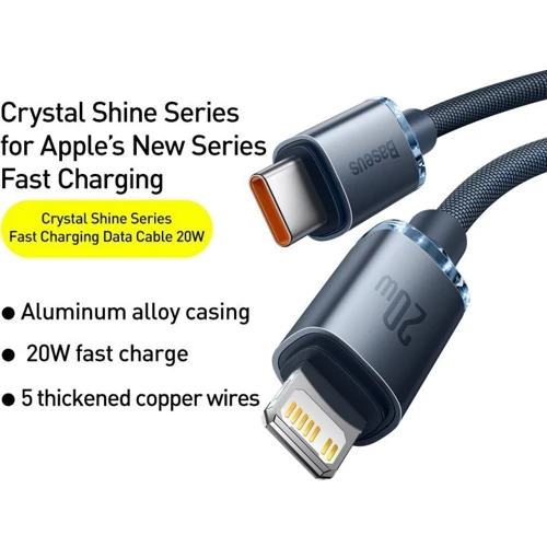 Кабель Baseus Cable USB-C to Lightning Crystal Shine 20W 2m Black (CAJY000301): Тип USB-C - Lightning
