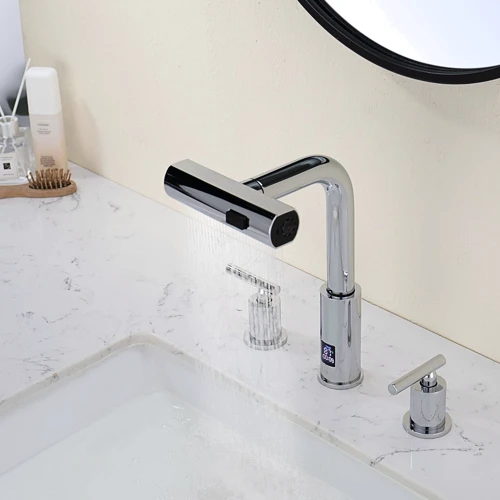 Смеситель для раковины Lefton Two-Handle Widespread Waterfall & Pull-Out Bathroom Faucet with Temperature Display-BFWS2401 Chrome: Материал Латунь