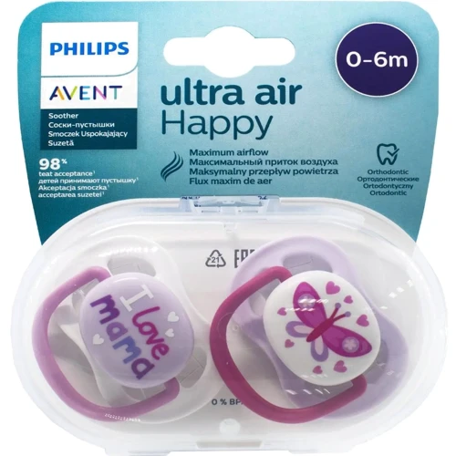Пустышка ортодонтическая Philips AVENT Ultra Air "I love…" для девочек 0-6 мес 2 шт (SCF080/02)