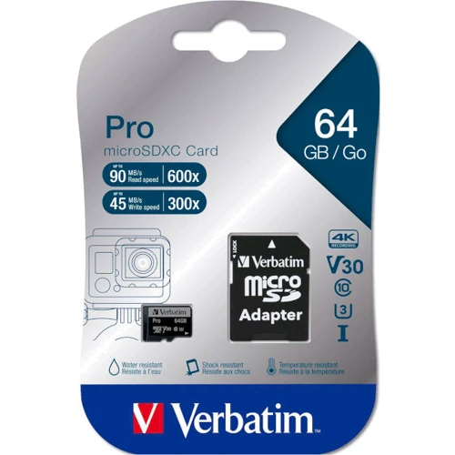 Карта памяти Verbatim 64GB microSDXC Class 10 UHS-I U3 A2 V30 PRO + adapter (47042): Объем 64 ГБ