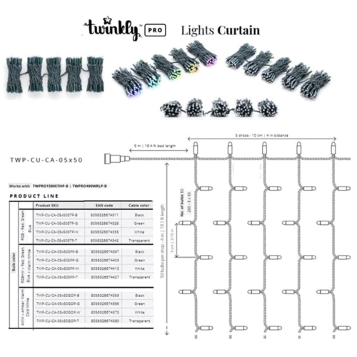 Гирлянда Smart LED Twinkly Pro Curtain RGBW 250 AWG22 IP6 зеленый: Количество ламп 250