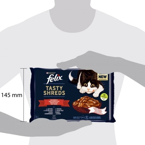 Влажный корм FELIX Tasty Shreds для взрослых котов мультипак: 2х80г с говядиной и 2х80г с курицей (7613287650320): Класс Премиум