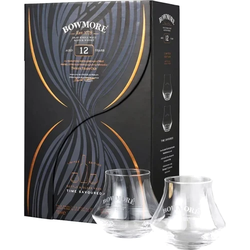 Віскі односолодовий Bowmore 12 YO в подарунковій упаковці + 2 склянки 40% 0.7 л (EV5010496006047): Об'єм, л 0.7