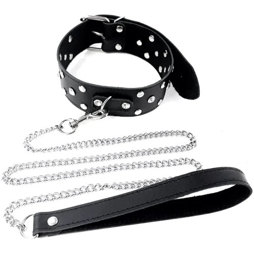 Ошейник с поводком из натуральной кожи с заклепками Art of Sex - Jenna Collar with Leash, черный