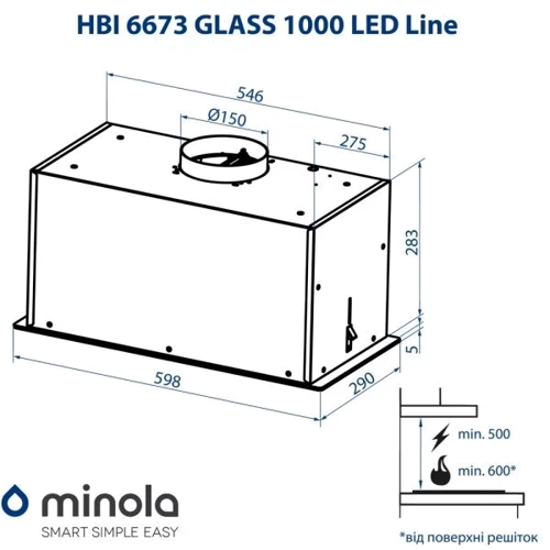 Вытяжка Minola HBI 6673 WH GLASS 1000 LED Line: Тип монтажа Встраиваемый