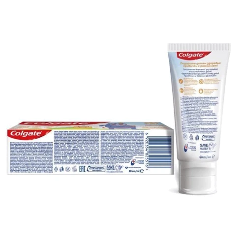 Colgate Зубная паста детская без фторида от 3 до 5 лет со вкусом апельсина 60 мл: Назначение Укрепление эмали, Укрепление десен, Свежесть дыхания, Очищение, От зубного налета, Комплексная защит