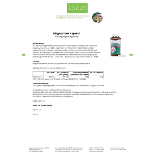 Sanct Bernhard Magnesium Магній 150 мг 340 капсул: Тип магній