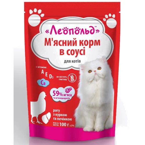 Вологий корм для кішок Леопольд М'ясний корм Рагу з куркою і печінкою в соусі 100 г 24 шт. (4820185491723-24)