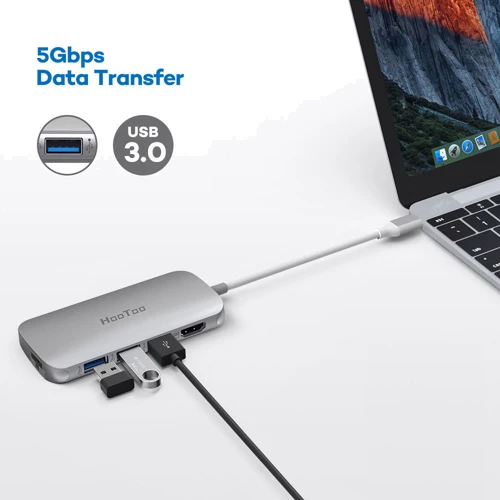 Адаптер HooToo USB-C to USB-C + HDMI + 3xUSB 3.0 + RJ45 + SD Silver (HT-UC008S): Додаткові роз'єми SD+TF Card, Ethernet, USB OTG, USB-C, HDMI