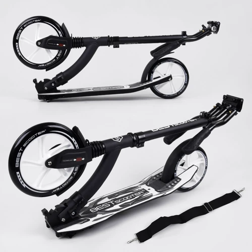 Самокат двоколісний Best Scooter з PU колесами, амортизатором, широким кермом, затискачем для керма Black / White (100069): Тип коліс литі