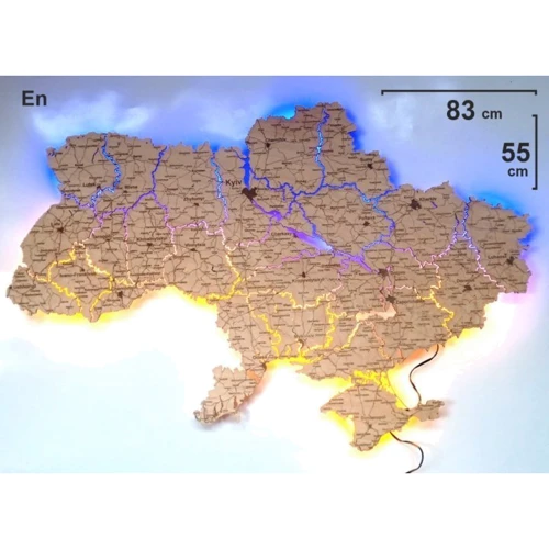 Карта Украины из фанеры настенный декор с LED подсветкой Nevet сине-желтый на Английском языке 83х55 см (0001209): Производитель Nevet