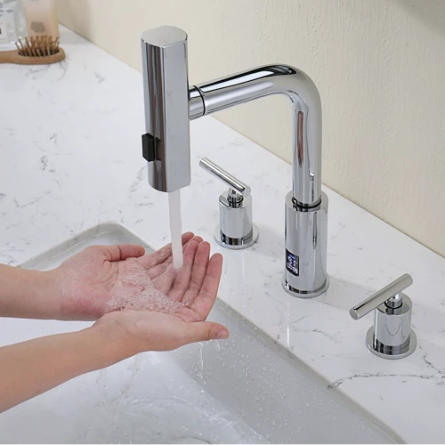 Смеситель для раковины Lefton Two-Handle Widespread Waterfall & Pull-Out Bathroom Faucet with Temperature Display-BFWS2401 Chrome фото 10