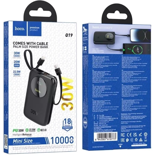 Внешний аккумулятор Hoco Power Bank 10000mAh Q19 Lucky with Cable 30W Black: Сила тока на выходе, A 2