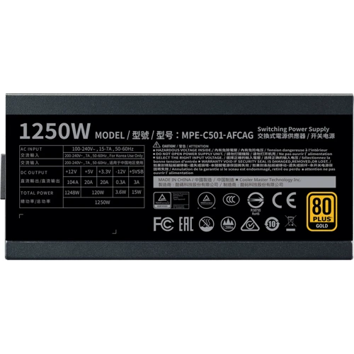 Блок питания CoolerMaster MWE 1250 Gold V2 FM 1250W (MPE-C501-AFCAG-EU): Коннекторы 20+4 pin / 4+4 pin, 8 pin / 8x6+2 pin / SATAх12
