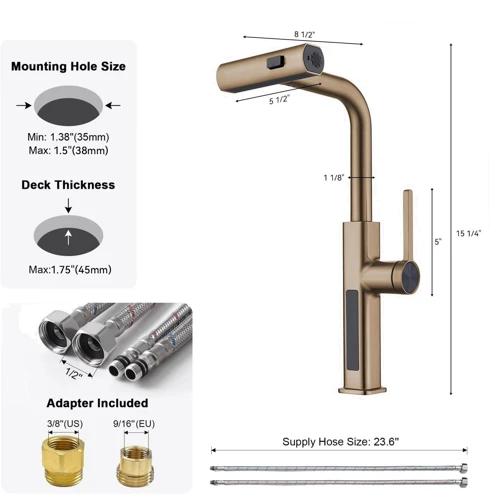 Смеситель для кухни Lefton Waterfall & Pull-Out Kitchen Faucet with Temperature Display-KF2209 Brushed Brass: Материал Латунь