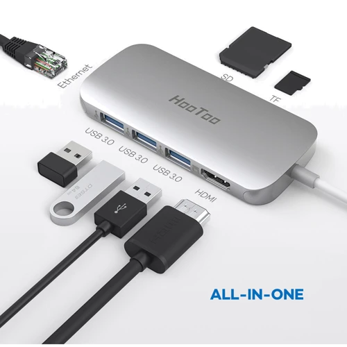 Адаптер HooToo USB-C to USB-C + HDMI + 3xUSB 3.0 + RJ45 + SD Silver (HT-UC008S): Колір серебристый