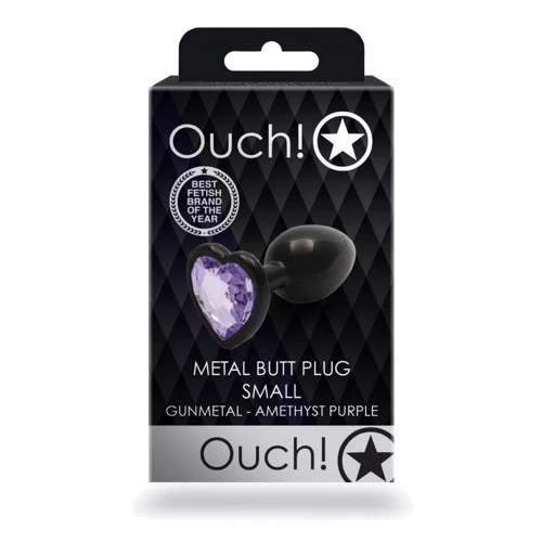 Металлическая анальная пробка Ouch! Heart Gem Gunmetal - Amethyst Purple, S