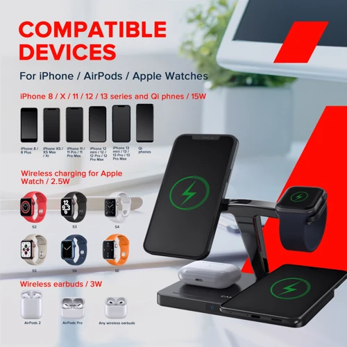 Зарядное устройство Canyon Dual Wireless Charger WS-404 4in1 36W Black (CNS-WCS404B) for iPhone 16 I 15 I 14 I 13 I 12 series, Apple Watch and Apple AirPods: Кабель в комплекте USB-C