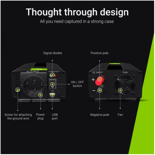 Преобразователь (инвертор) DC-AC Green Cell 12V на 230V 1000W/2000W чистая синусоида