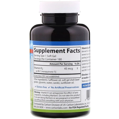 Carlson Labs Vitamin K2 MK-7 45 mcg Вітамін К-2 (менахінон) 180 гелевих капсул: Тип Витамин K