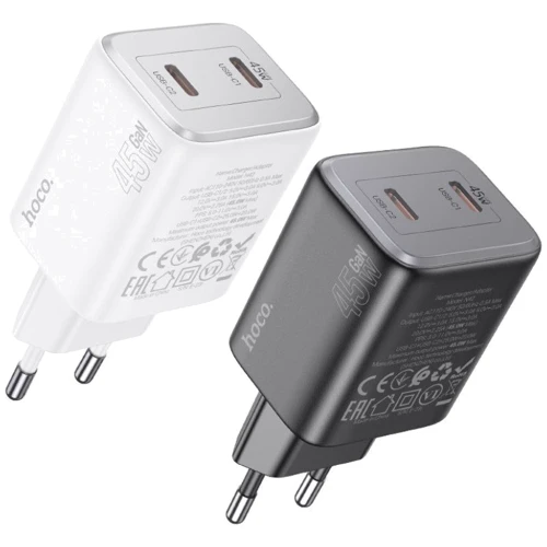 Зарядное устройство Hoco Wall Charger N42 Elogiado 2xUSB-C 45W White with USB-C to Lightning Cable: Кабель в комплекте отсоединяемый, Lightning