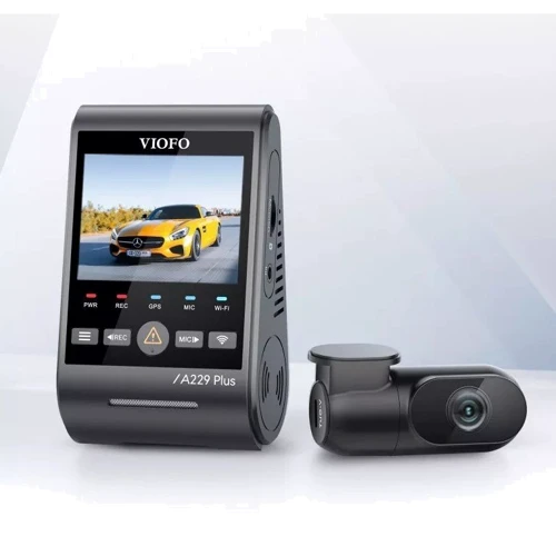 Viofo A229 Plus 2K + 2К з GPS та камерою заднього виду: Оснащення вторая камера (салон, задний обзор), G-сенсор (датчик удара/движения), аккумулятор, дисплей, микрофон, печать даты и времени на видео, регистрация GPS-координат, динамик, управление и поддержка Wi-Fi,