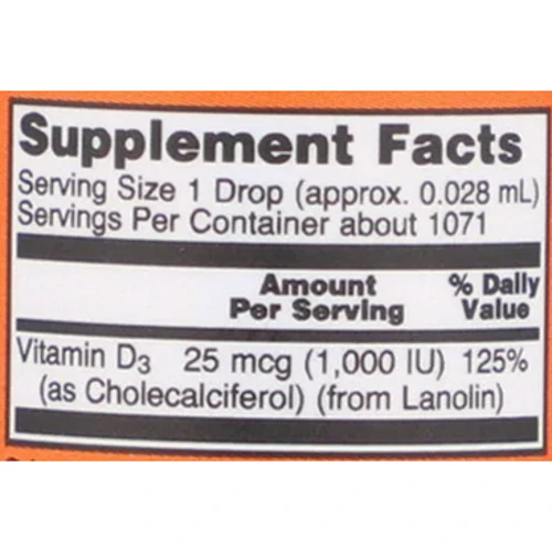 NOW Foods Vitamin D3 (Extra Strength) 1000 МЕ Витамин D3 30 мл: Тип Витамин D