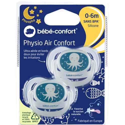 Пустушка Bebe Confort Physio Air, силіконова, що світиться в темряві, 2 шт, 0/6 міс Blue Octopus (3104201940): Вік с рождения