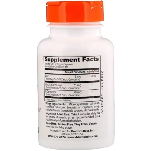 Doctor's Best PepZin Gl Zinc-L-Carnosine Complex Цинк карнозин комплекс 120 капсул: Тип Цинк