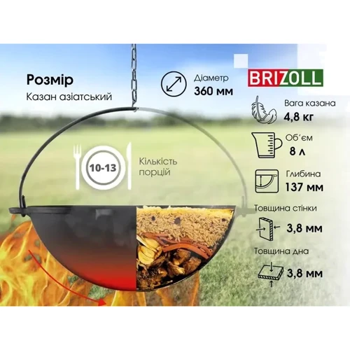 Казан Brizoll азиатский чугунный без крышки 8 л KA08 фото 2